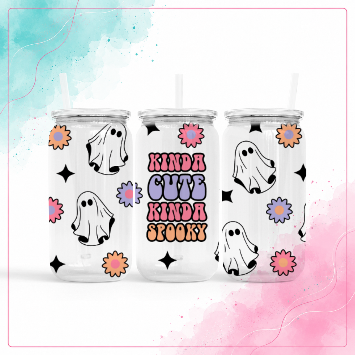 Clear plastic Kinda Cute Kinda Spooky 16 oz tumbler with ghosts, flowers, clear lid, and straw
