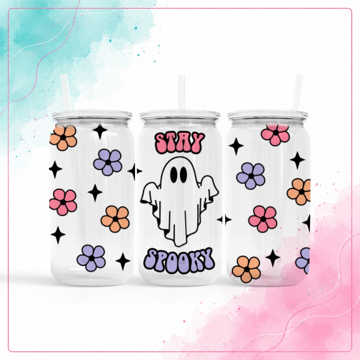 Clear plastic Stay Spooky Retro Ghost 16 oz tumbler with colorful flowers, clear lid, and straw