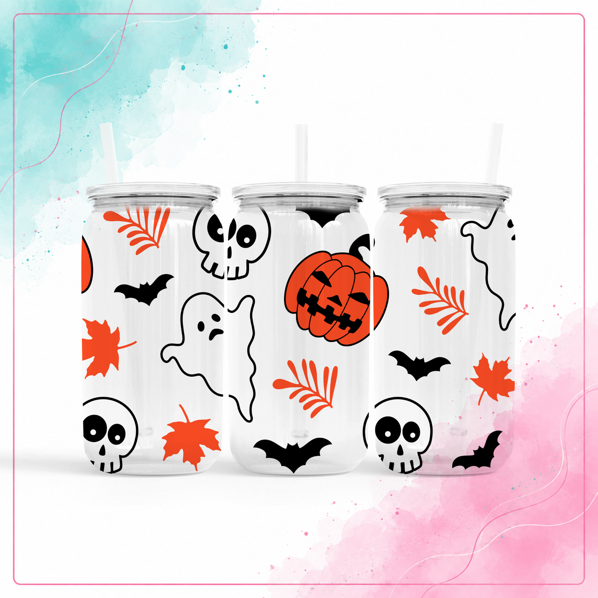 Clear plastic Spooky Harvest 16 oz tumbler with pumpkins, ghosts, skulls, bats, and fall leaves