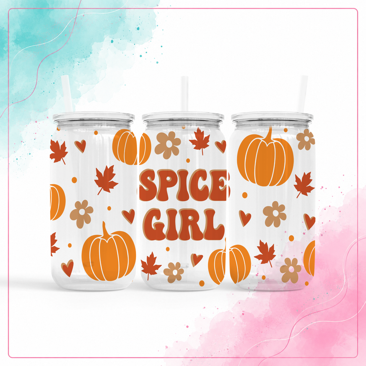 Clear plastic Pumpkin Spice Girl 16 oz tumbler with retro pumpkins, fall leaves, flowers, and hearts