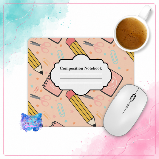 Composition Cutie teacher mouse pad with notebooks pencils scissors and school supplies