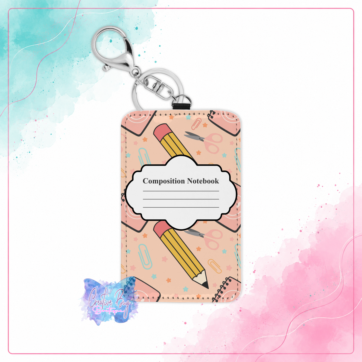 Composition Cutie keychain credit card holder with pencils notebooks scissors and school supplies