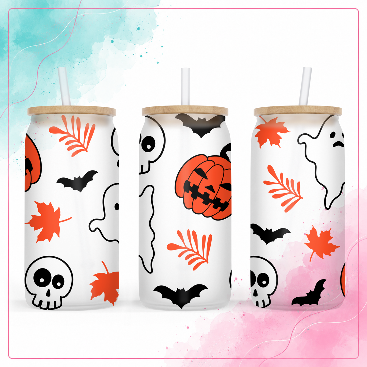 Frosted glass Spooky Harvest 16 oz tumbler with pumpkins, ghosts, skulls, bats, and fall leaves