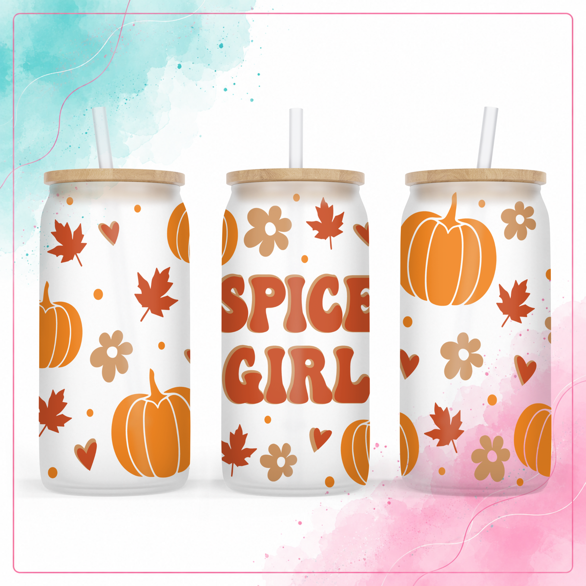 Frosted glass Pumpkin Spice Girl 16 oz tumbler with retro pumpkins, fall leaves, flowers, and hearts