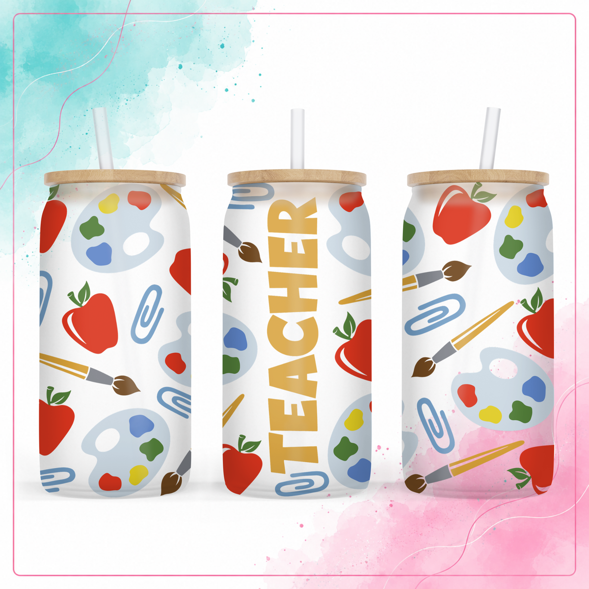 Frosted glass 16 oz Art Teacher can-shaped tumbler with bamboo lid and straw