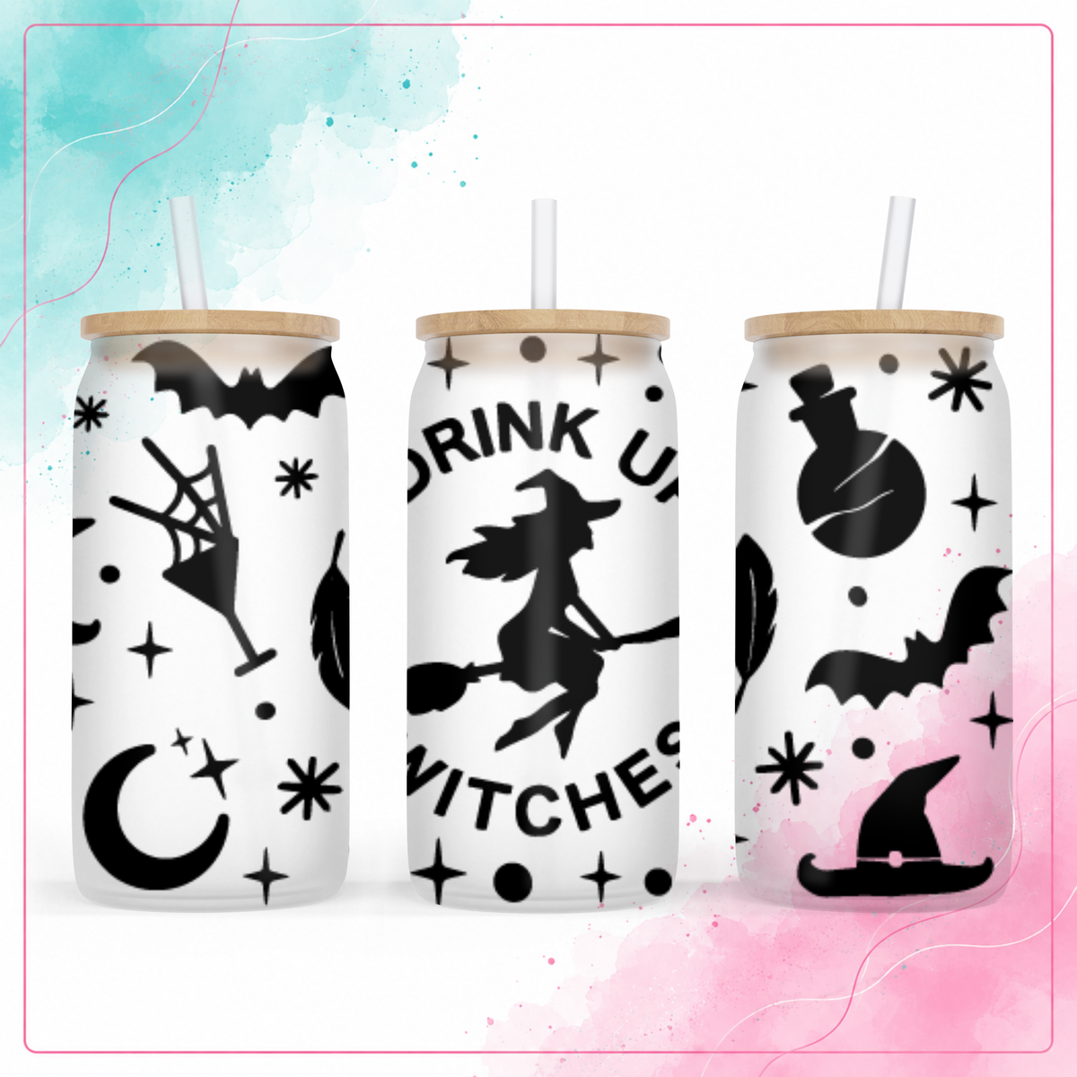 Frosted glass Drink Up Witches 16 oz tumbler with black Halloween design, bamboo lid, and straw