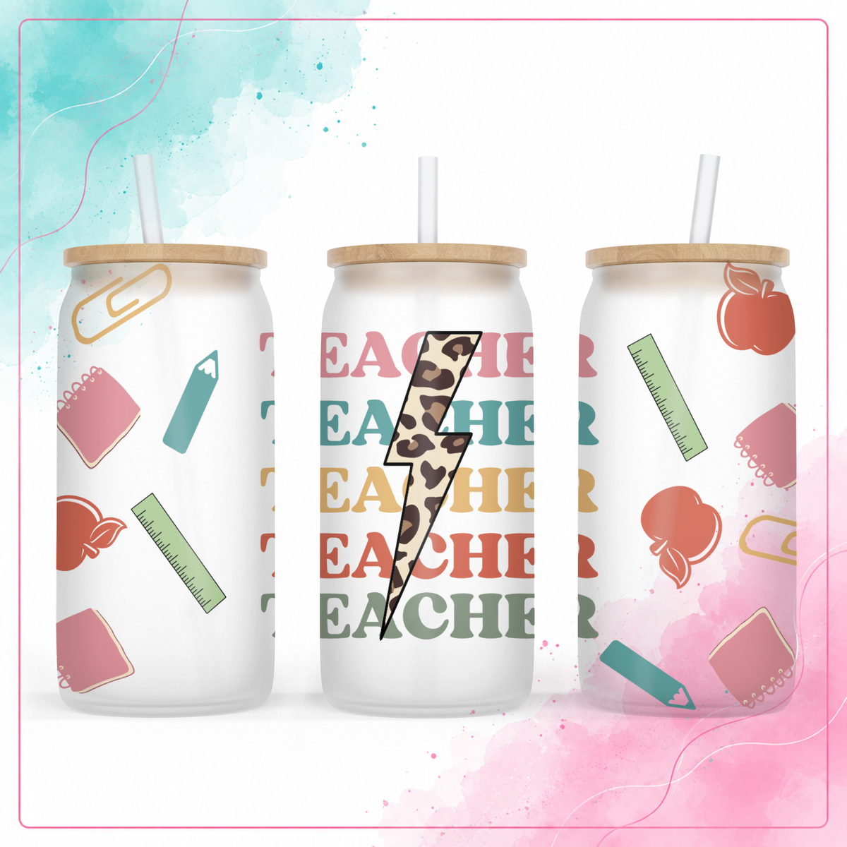 Frosted glass Retro Teacher Power 16 oz tumbler with bamboo lid and straw