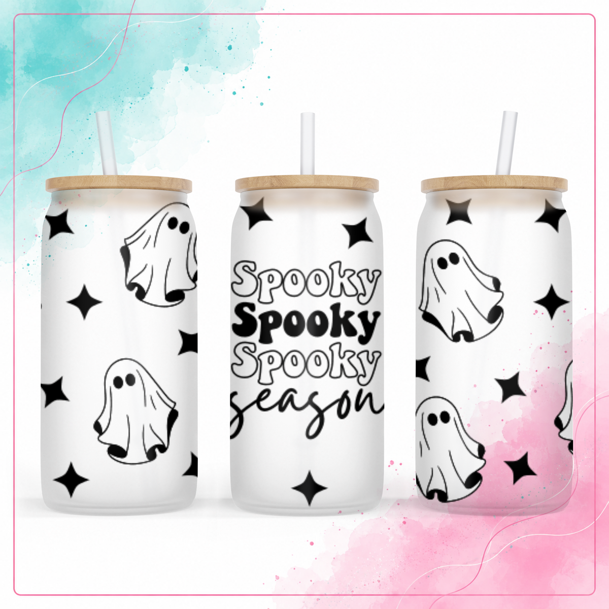 Frosted glass Spooky Season Ghost 16 oz tumbler with bamboo lid and straw