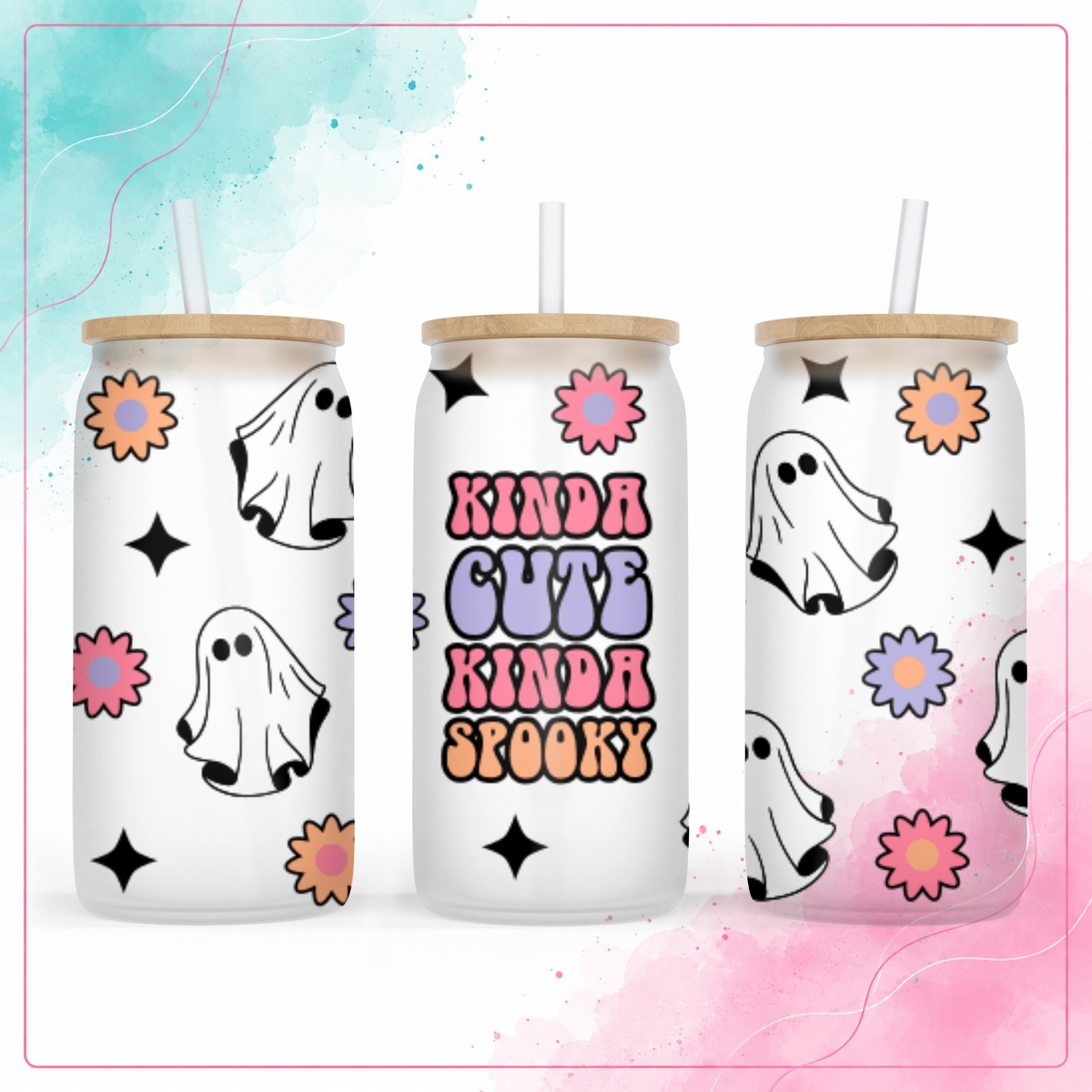 Frosted glass Kinda Cute Kinda Spooky 16 oz tumbler with ghosts, flowers, bamboo lid, and straw
