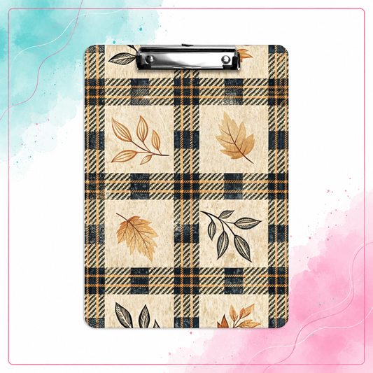 Personalized Harvest Plaid clipboard with black and tan plaid, autumn leaves, and a silver metal clip