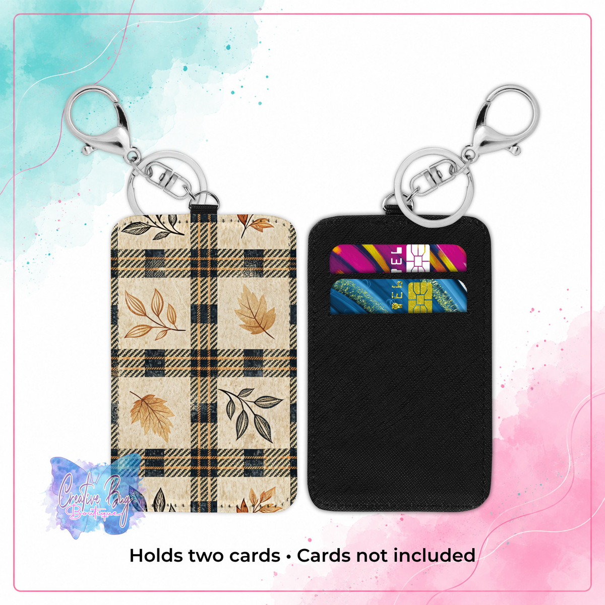 Front and black two-slot back of the Harvest Plaid keychain card holder with silver keychain hardware