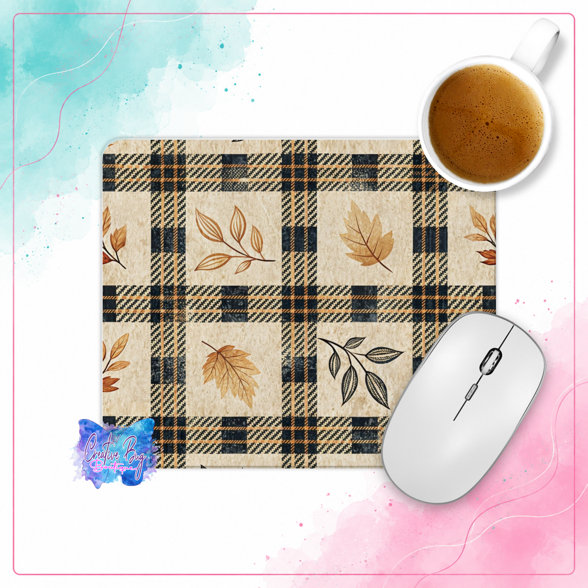 Harvest Plaid mouse pad with cream and black plaid pattern, warm autumn leaves, white mouse and coffee cup