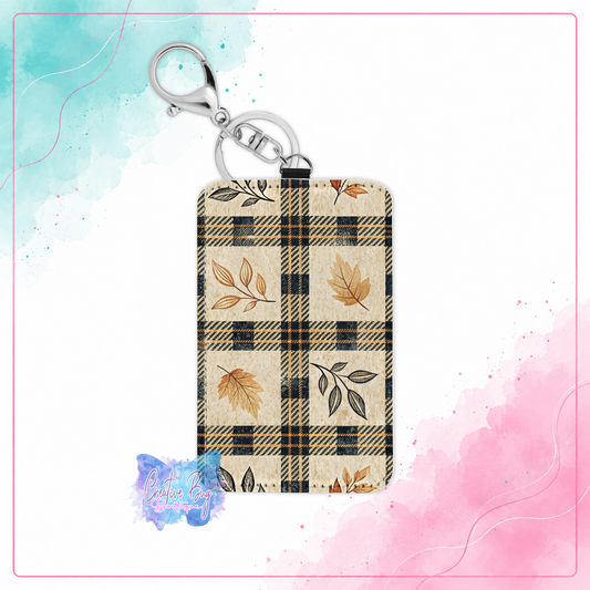 Harvest Plaid keychain card holder with neutral plaid, autumn leaves, and silver clasp hardware