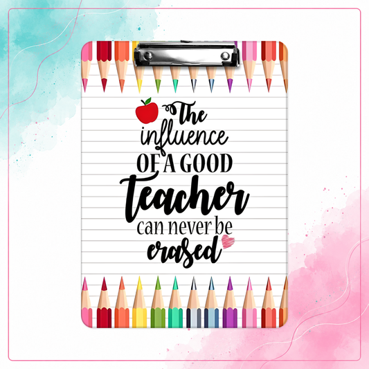 Lasting Influence personalized teacher clipboard with colorful pencils and teacher quote