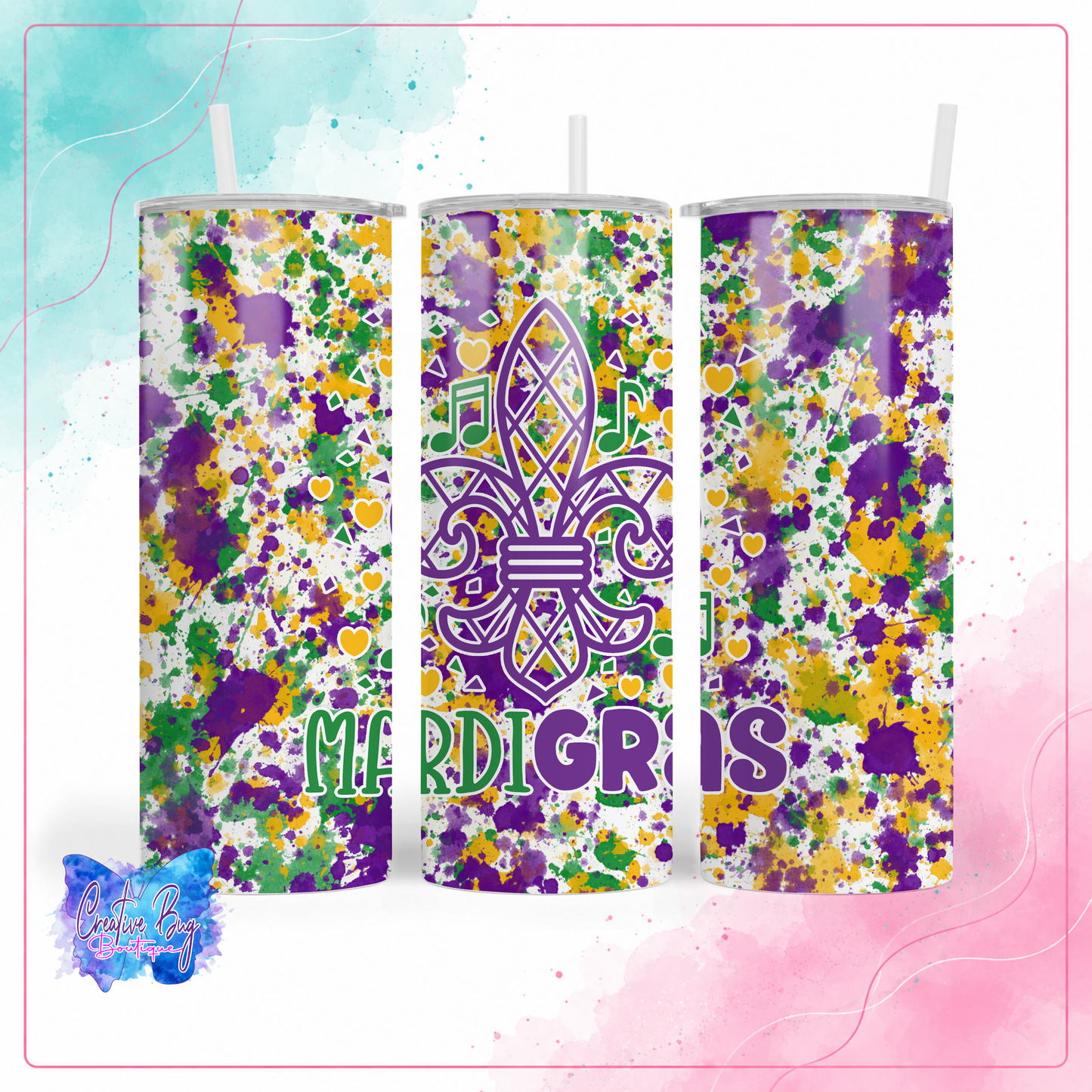 Mardi Gras Paint Splatter Tumbler