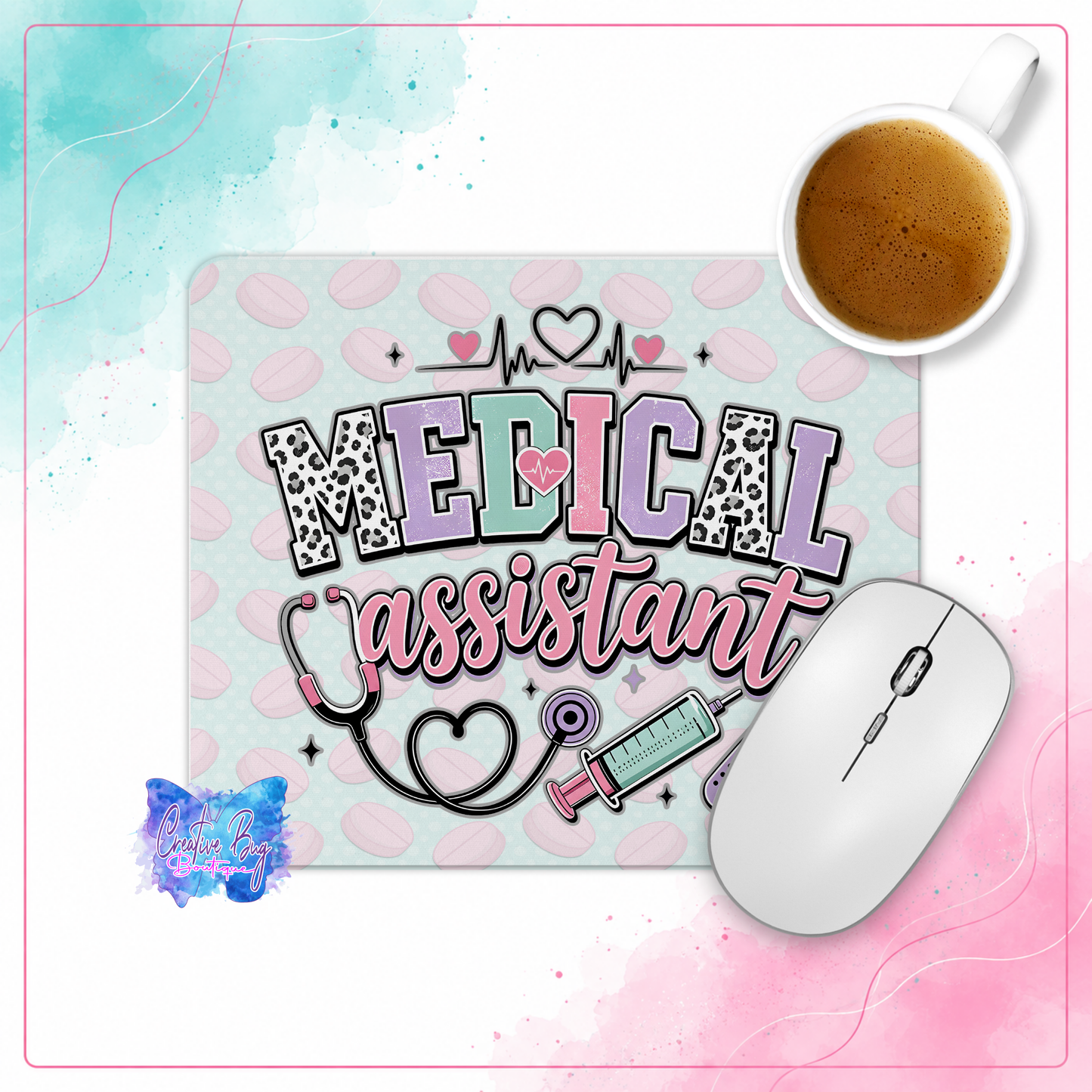 Medical Assistant Mouse Pad, Pastel Coquette Desk Decor, Healthcare Stethoscope Syringe Design