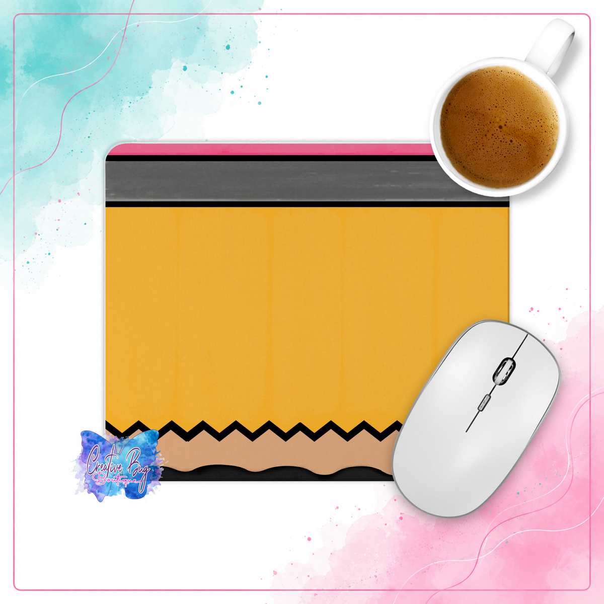 Pencil Perfect teacher mouse pad designed to look like a classic yellow pencil