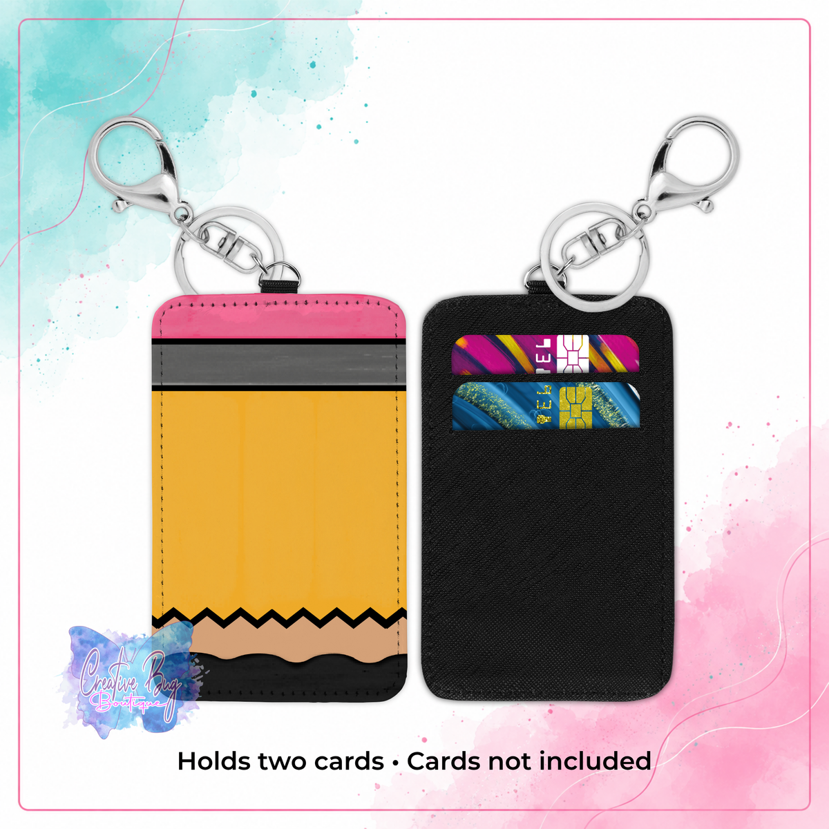 Perfect Pencil keychain credit card holder shown front and back with pencil design and two card slots