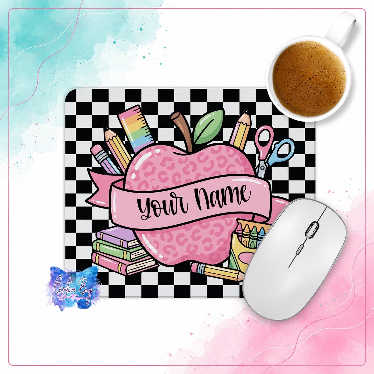 Personalized Teacher Mouse Pad, Pink Apple Leopard Print Desk Decor, Classroom Accessory