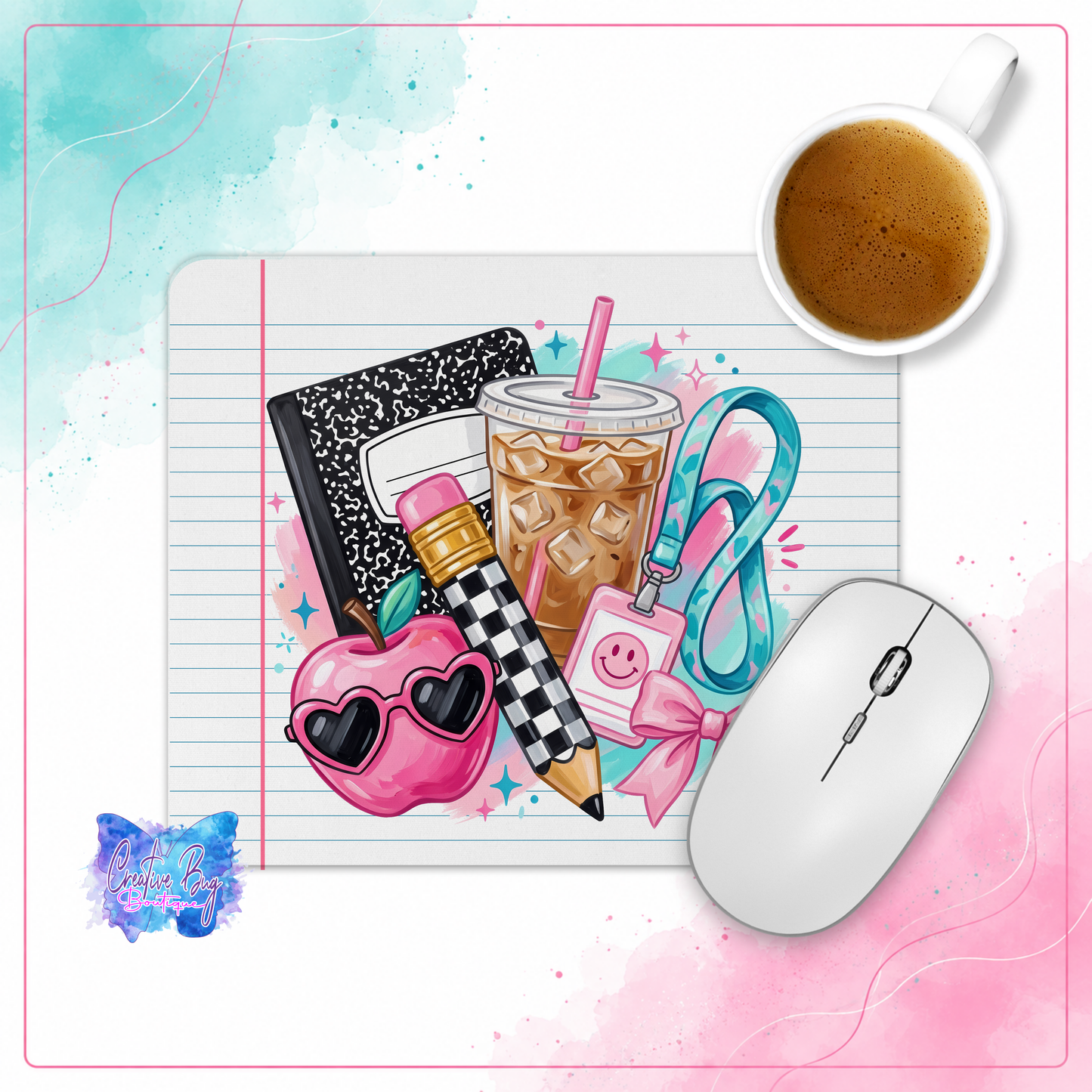 Preppy Teacher Mouse Pad, Composition Notebook, Iced Coffee, Apple Heart Sunglasses Desk Decor