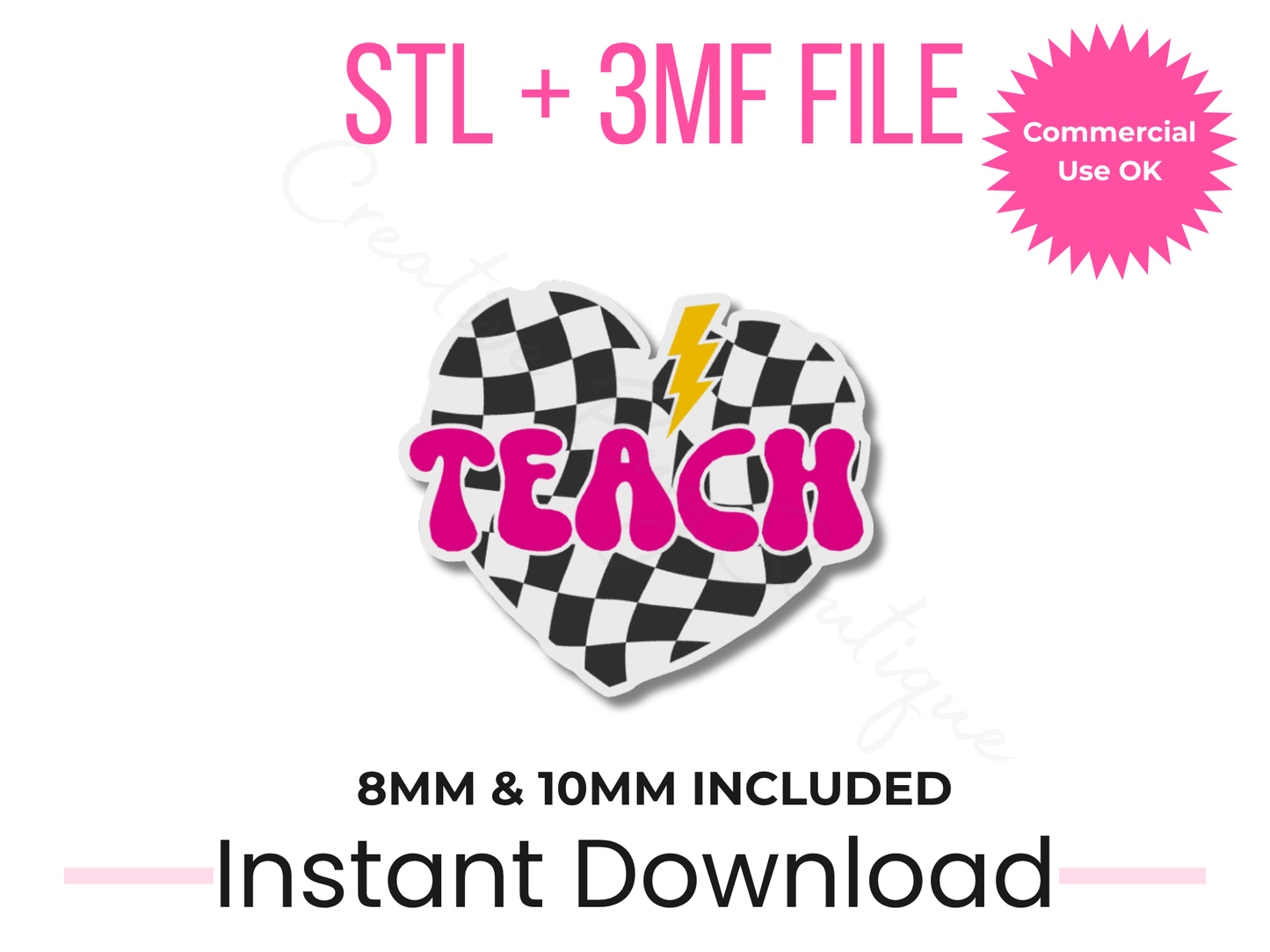 Retro Teach Straw Topper STL File | Checkered Heart Teacher Tumbler Charm (Digital Download)