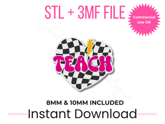 Retro Teach Straw Topper STL File | Checkered Heart Teacher Tumbler Charm (Digital Download)