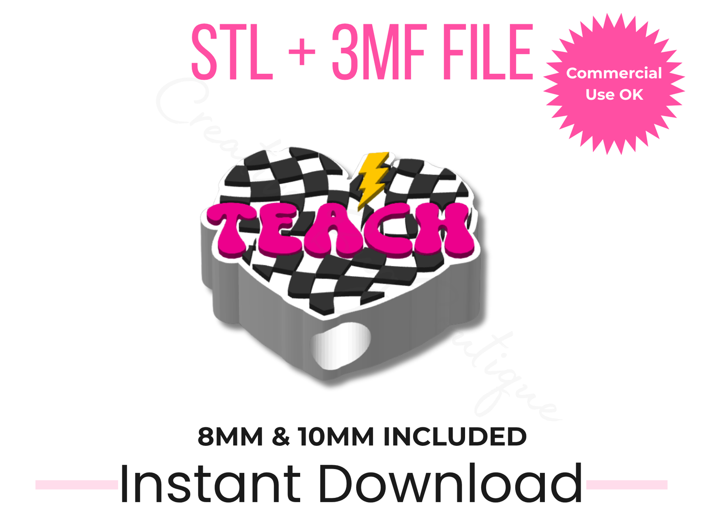 Retro Teach Straw Topper STL File | Checkered Heart Teacher Tumbler Charm (Digital Download)