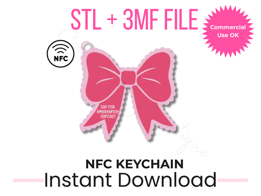 Scalloped Bow NFC Keychain STL File | Emergency Contact Tag (Digital Download)