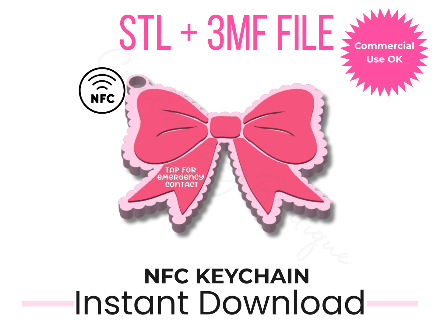 Scalloped Bow NFC Keychain STL File | Emergency Contact Tag (Digital Download)