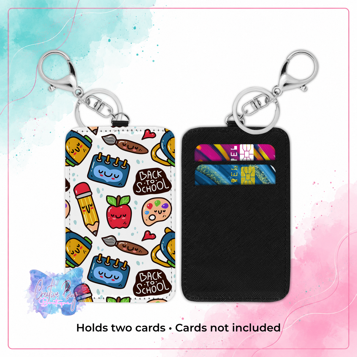 School Day Doodles keychain credit card holder shown front and back with school supplies design and two card slots