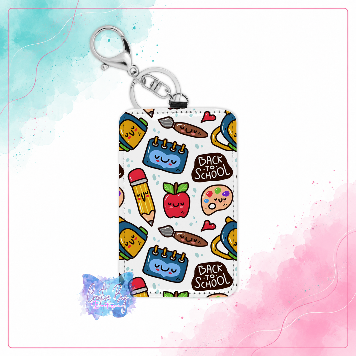 School Day Doodles keychain credit card holder with colorful back to school supplies pattern