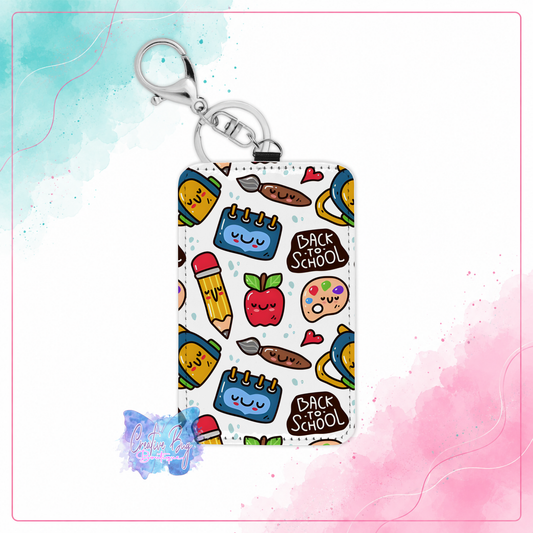 School Day Doodles keychain credit card holder with colorful back to school supplies pattern