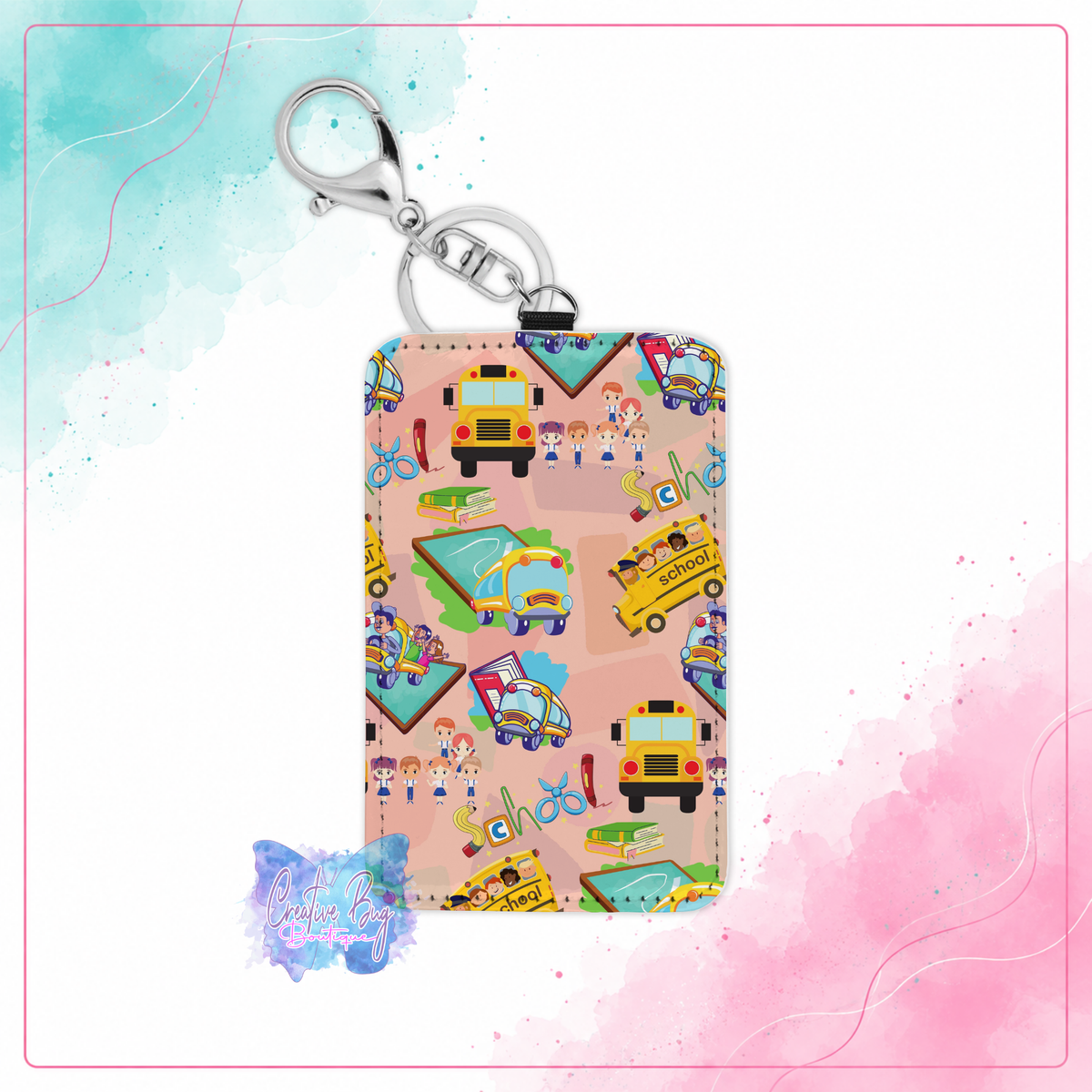 Colorful School Days keychain card holder with school buses, books, pencils, and classroom supplies