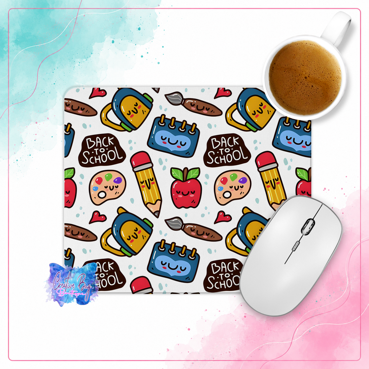 School Days Doodles mouse pad with cute back to school apples, pencils, paint brushes, calendars and art supplies