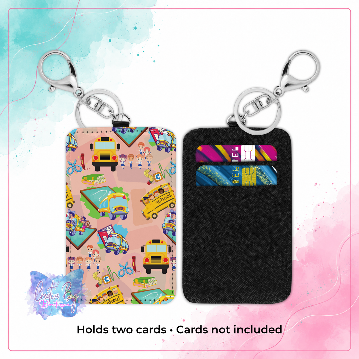 Front and back view of School Days keychain card holder showing two card slots