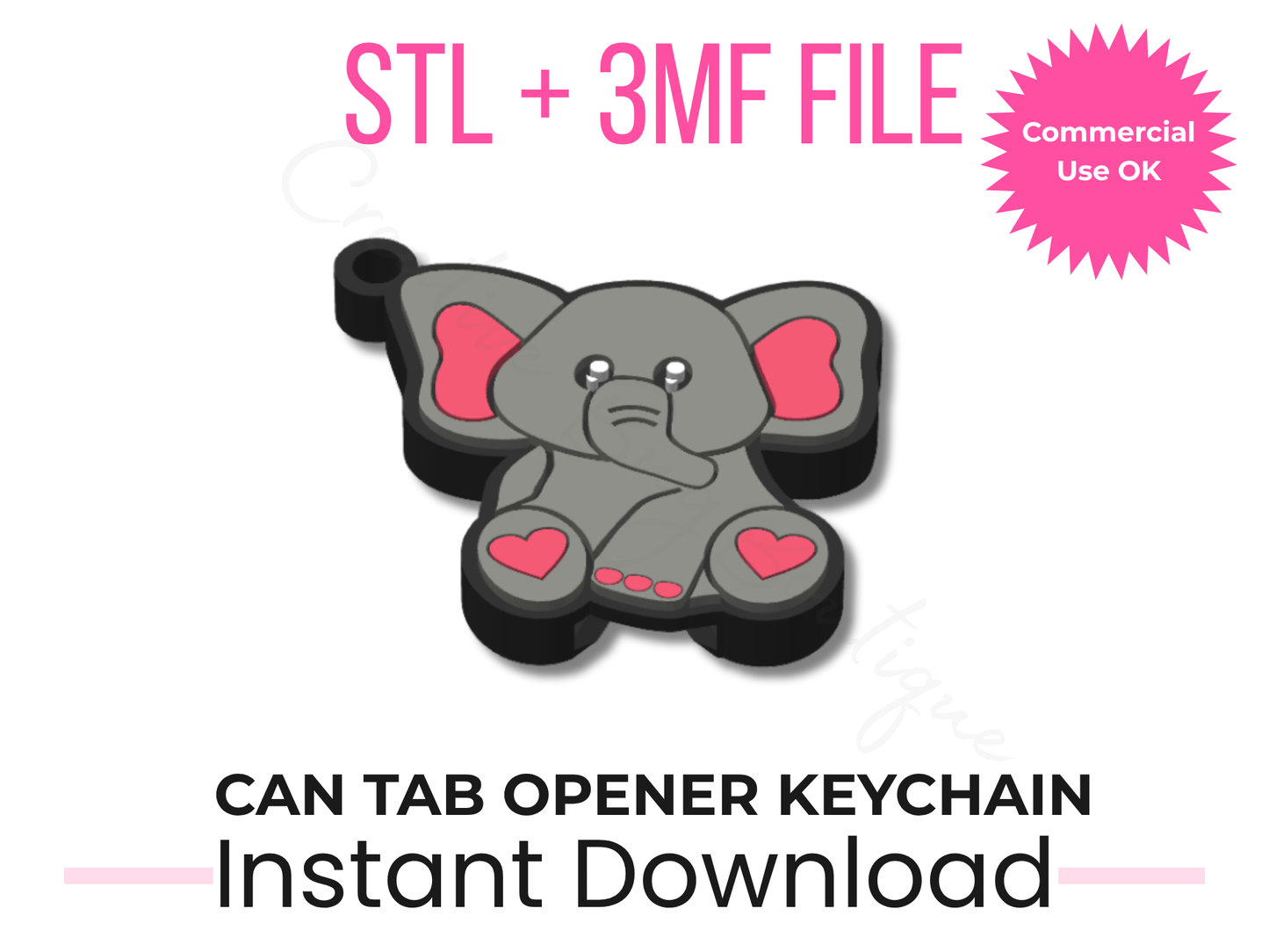 Elephant Can Tab Opener Keychain STL File | 3D Print Design (Digital Download)