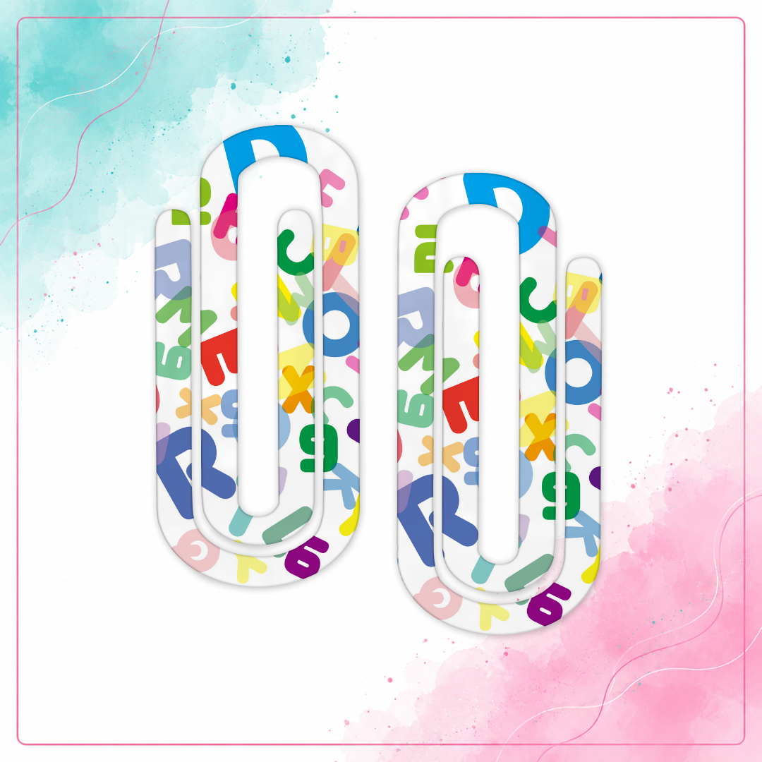 Two colorful alphabet jumbo acrylic paper clips with scattered multicolor letters