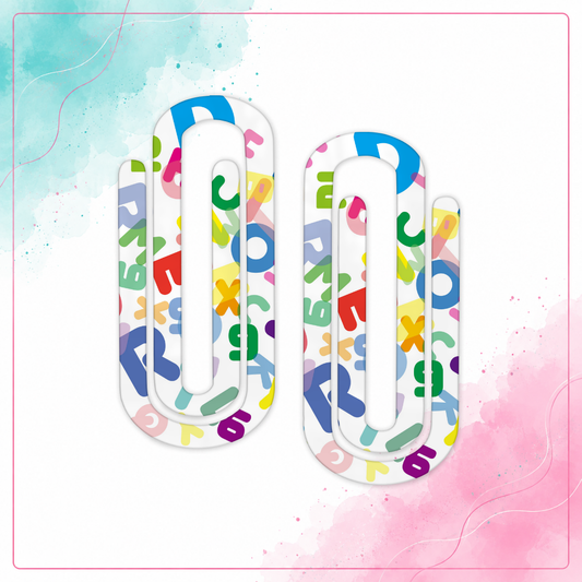 Two colorful alphabet jumbo acrylic paper clips with scattered multicolor letters